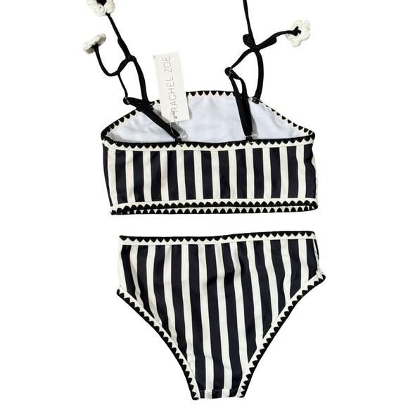 Rachel Zoe Girls Swimsuit Size 7 Black White Striped Bikini Floral Crochet Trim - Picture 2 of 7